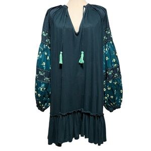 FREE PEOPLE WOMEN’S FLOWY GREEN MIDI PULLOVER DRESS WITH BALLOON SLEEVES SZ L